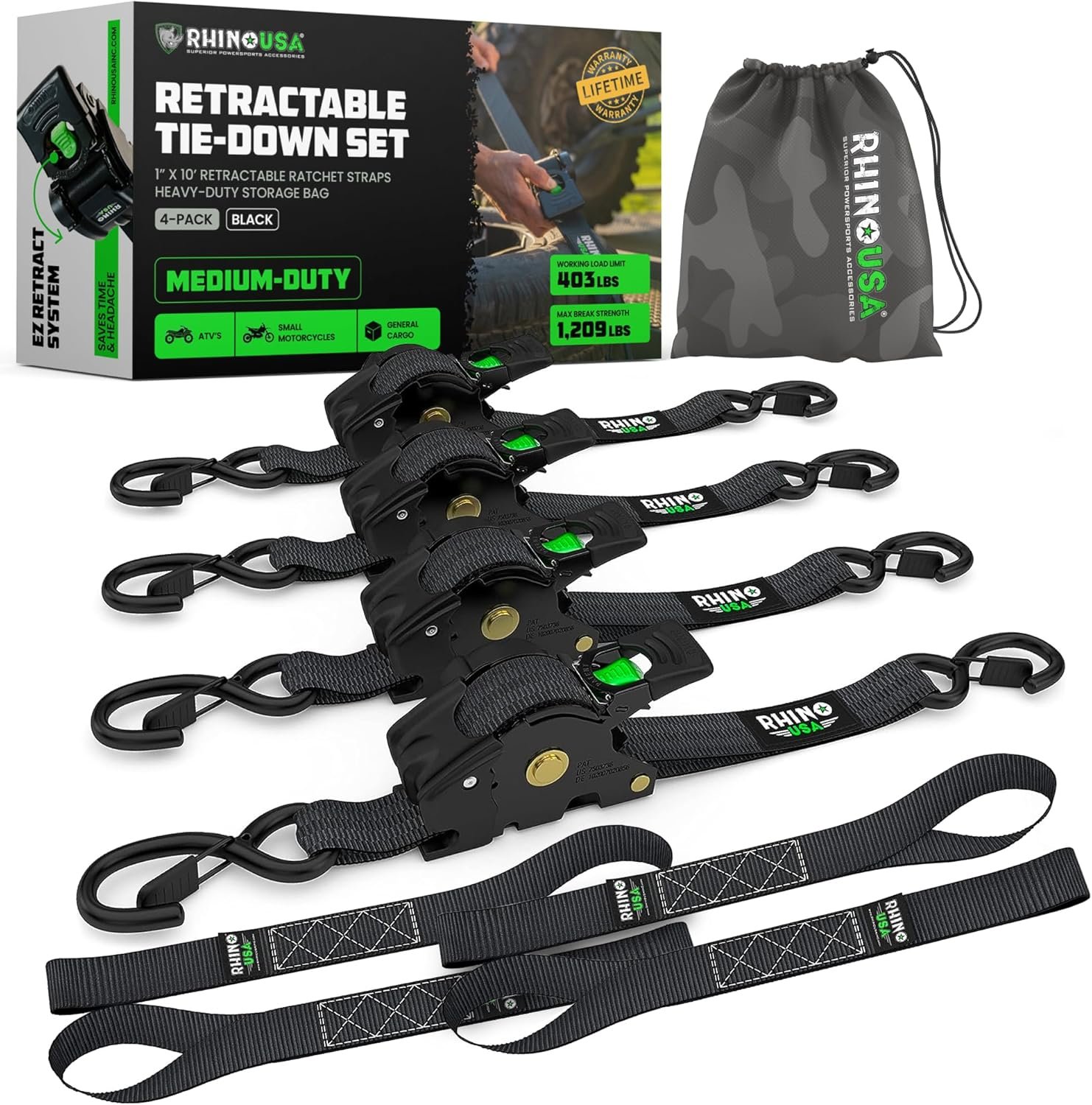 Rhino USA Retractable Ratchet Straps (2-Pack) - 1 Inch x 10 Feet (1,209lb Break Strength) - Auto Self Retracting Tie Down Straps for Truck, Cargo Trailer, Motorcycle, Rad & More - Green