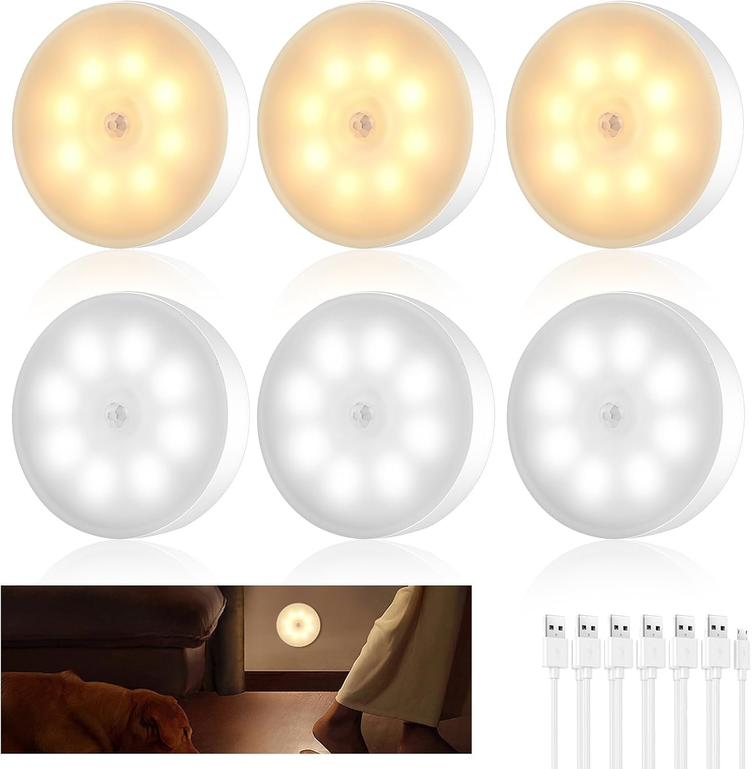 6-Pack Motion Sensor Night Lights for Easy Night Navigation – Rechargeable & Cordless