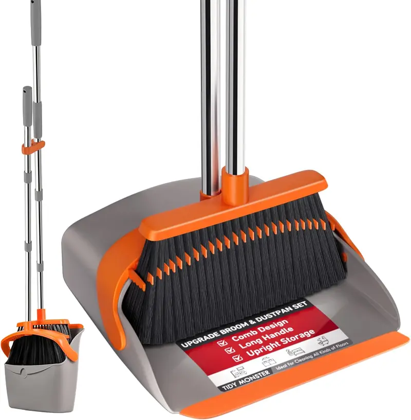 Broom and Dustpan Set, 52" Long Handle Upright Combo with Self-Cleaning Teeth for Indoor & Outdoor