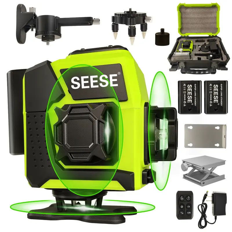 12-Line Laser Level, 3x360° Green Beam, Self-Leveling with Remote & Dual Batteries