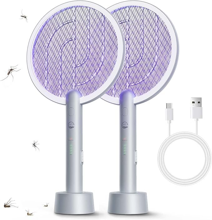 Raqueta matamoscas eléctrica, Mosiller 2 en 1 Zapper inteligente de insectos y generadores de toma de potencia con base recargable por USB, potente lámpara trampa para mosquitos y mata moscas para el