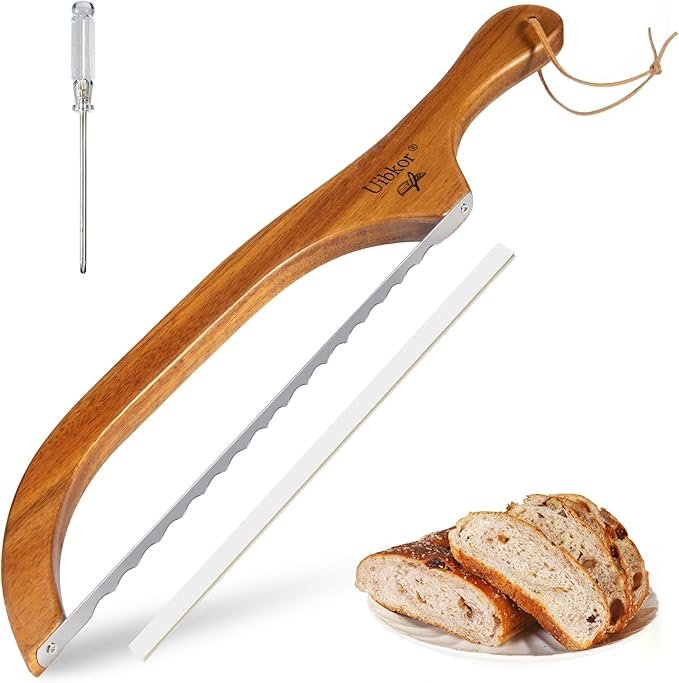 Cuchillo de Pan Curvo de Madera, Cortador de Masa Madre Dentado de 16", Cortador de Pan de Sierra Dentada de Acero Inoxidable Premium, Cuchillo Rebanador de Bagel para Pan Casero, Bagels