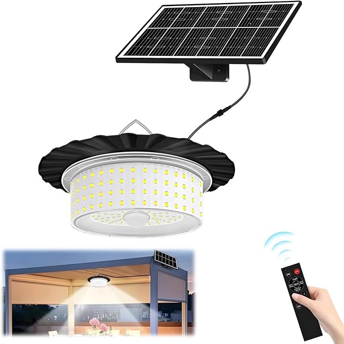 Luz solar para cobertizo para exteriores e interiores, 224 LED con sensor de movimiento, luz colgante disponible durante el día, luz solar con sensor de movimiento con control remoto, para cobertizo, garaje, hogar (1 unidad)