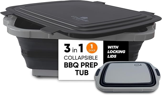 Recipiente de Preparación BBQ Plegable Extragrande con Tabla de Cortar, Tapa con Cierre – Recipientes para Preparación de Comidas con Tapas para Reposar Carne – 3 Alturas Ajustables